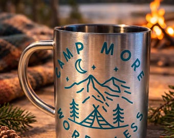 Taza de camping de acero inoxidable / Diseño "Acampar es mi lugar feliz", taza para aventuras al aire libre