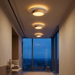 Peut inclure: Quatre plafonniers modernes de forme circulaire. Chaque luminaire est composé d'un anneau extérieur en béton, d'une section centrale en bois et d'un centre lumineux. Les luminaires sont espacés le long du plafond d'un couloir, créant une ambiance chaleureuse.