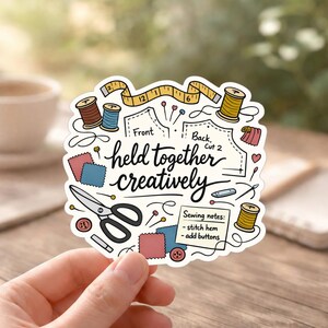 May include: A white sticker with a sewing theme. It features a tape measure, spools of thread, scissors, fabric swatches, and the text "held together creatively." Sewing notes are also included.