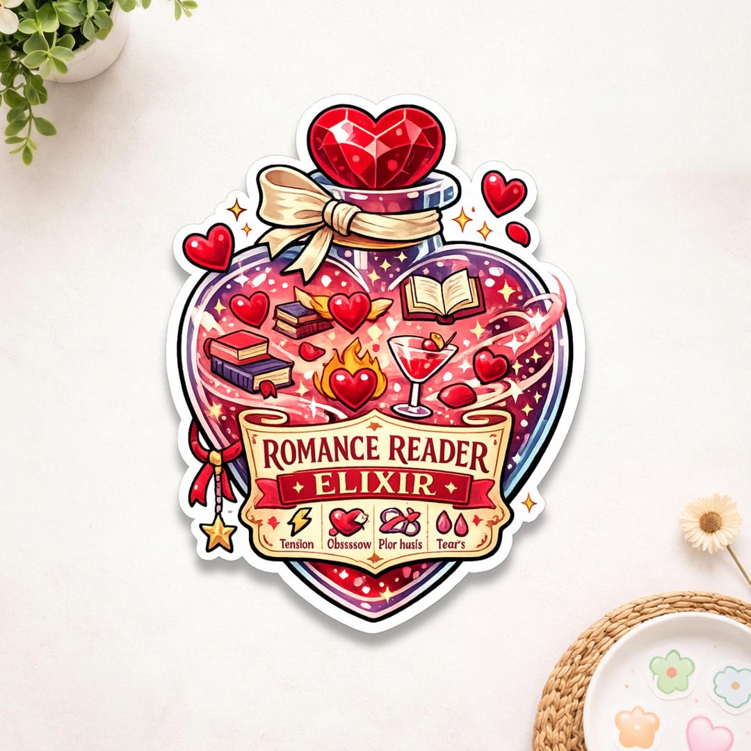 Elixir Brew Sticker Romance Reader Elixir Sticker - Cute Heart, Books, Drink & Heart-shaped ...