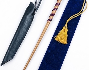 Handcrafted Wooden Wizard Wand with Dark Burgundy Spiral Carving | Custom Magic Wand with Leather Holster and Navy Blue Velvet Case