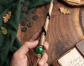 Handcrafted Spiral Wooden Wand with Emerald Orb – Includes Black Leather Holster & Navy Blue Velvet Sleeve – Premium Wizarding Gift Set
