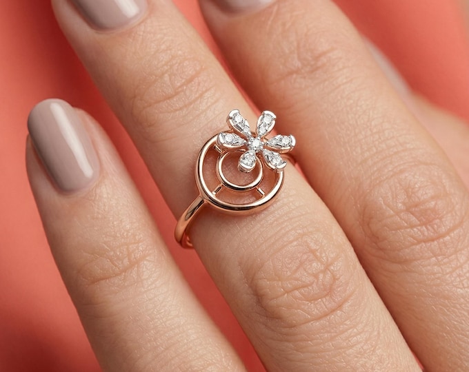 10K 14K 18K Gold & Silver Lab Grown Diamond Flower Ring for Women, Open Floral Ring, Minimalist Nature Inspired Jewelry Gift