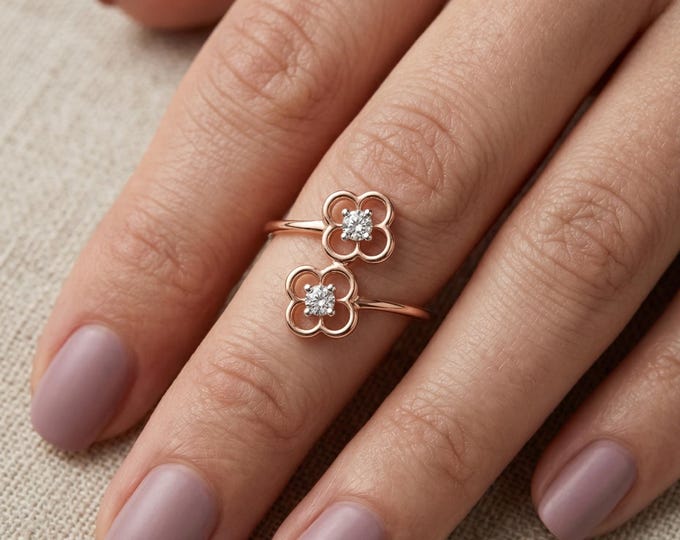 Dainty Flower Ring, Double Flower Ring, Floral Diamond Ring, Minimalist Gold Ring, Cute Stacking Ring, Gift for Her, Delicate Jewelry