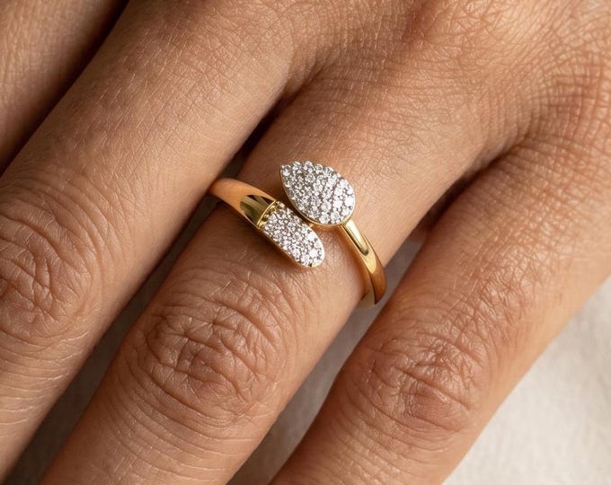 Bypass Diamond Ring, Yellow Gold Open Ring, Leaf Cluster Promise Ring, Minimalist Pavé Statement Jewelry Gift, Yellow Gold Diamond Ring