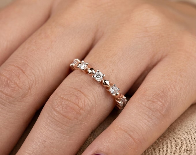 Diamond Eternity Ring, Floral Diamond Band, Unique Wedding Band, Rose Gold Designer Ring, Stackable Luxury Diamond Ring