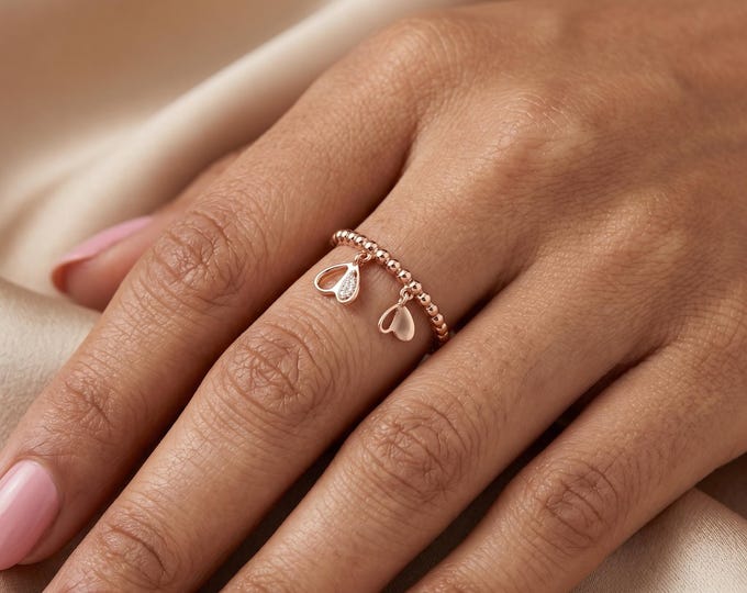 14K Rose Gold Lab Grown Diamond Heart Dangle Ring, Cute Charm Heart Ring, Dainty Minimalist Gift Ring, Stackable Jewelry Women
