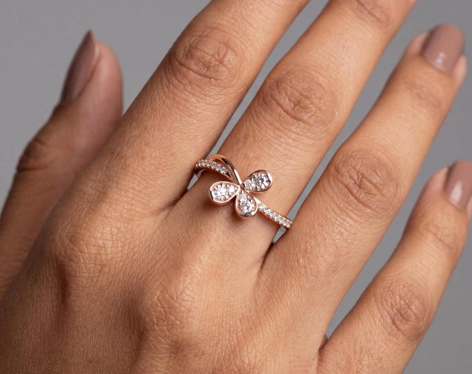 14K Rose Gold Diamond Flower Ring, Lab Grown Diamond Cluster Ring, Floral Engagement Ring, Delicate Promise Ring for Women