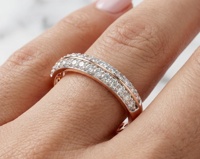 Double Row Pave Diamond Ring 18K Gold, Eternity Wedding Band, Stackable Diamond Ring for Women