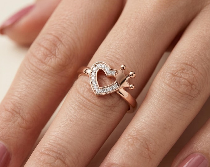 Heart Crown Ring, Princess Ring, Queen Crown Ring, Diamond Heart Ring, Cute Gold Ring, Gift for Her, Promise Ring