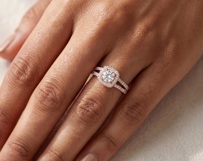 Halo Diamond Ring, Split Shank Engagement Ring, Moissanite Round Diamond Ring, Vintage Style, Pave Diamond Ring, Bridal Ring, Gift for Her