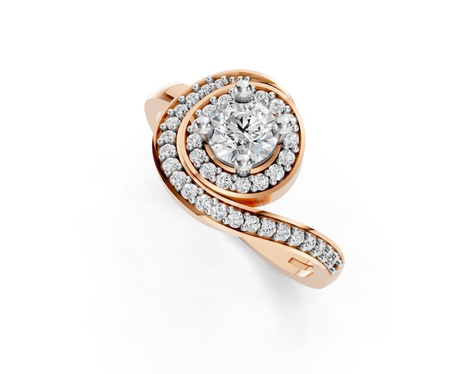 Lab Grown Diamond Swirl Engagement Ring, Double Halo Bridal Jewelry, 10K 14K 18K Gold