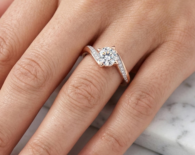 Round Solitaire Lab Grown Diamond Ring 18K Gold, Cathedral Engagement Ring, Pave Band Diamond Ring for Women
