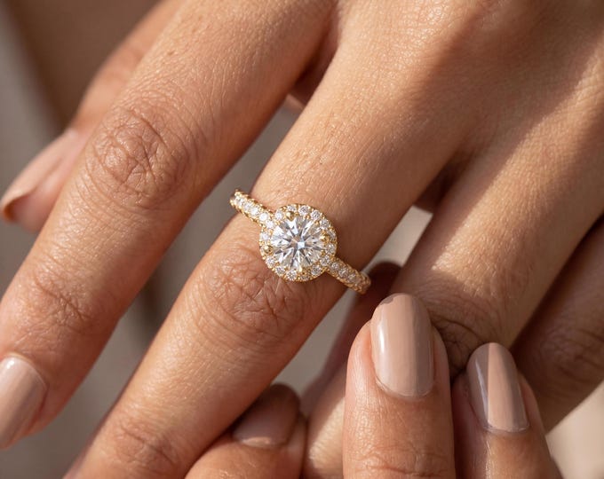 Round Cut Engagement Ring, Yellow Gold Pave Band, Classic Minimal Bridal Jewelry, Dainty Promise Ring Gift for Her, Unique Promise Ring Gift