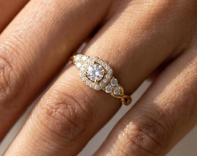 Vintage Cluster Engagement Ring, Cushion Halo Bridal Jewelry, Floral Side Stone Design, Yellow Gold Promise Ring, Vintage Style Promise Ring