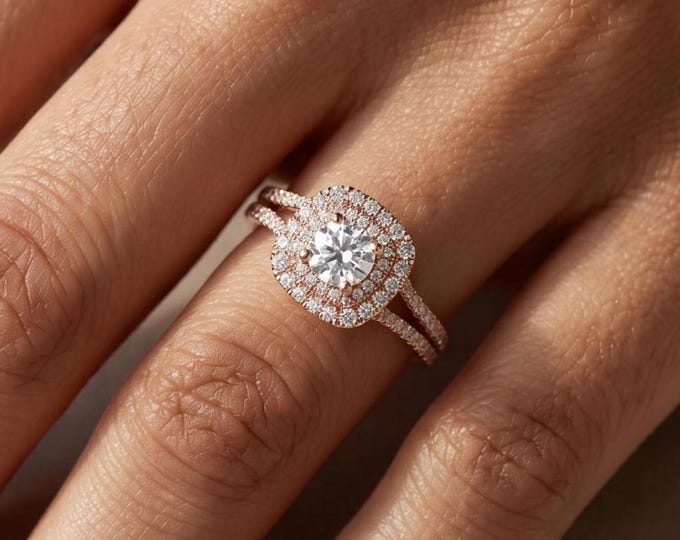 Double Halo Engagement Ring, Lab Grown Diamond Round Cut Center, Split Shank Pave Bridal Jewelry, Rose Gold Vintage Style Promise Ring