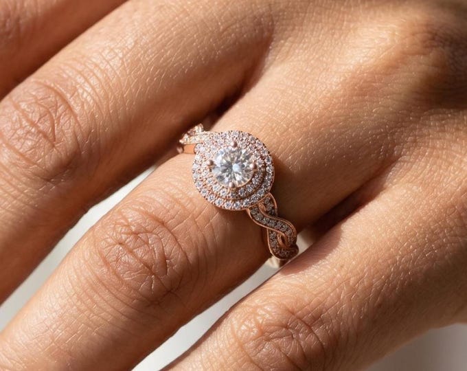 Infinity Engagement Ring, Double Halo Bridal Jewelry, Twisted Pave Band, Rose Gold Vintage Promise Ring, Dainty Statement Promise Ring