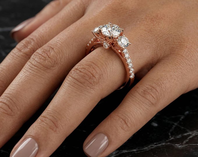 Lab Grown Diamond Engagement Ring, 3 Stone Diamond Ring, Rose Gold Diamond Ring, Ethical Lab Diamond Ring, Minimalist Bridal Ring
