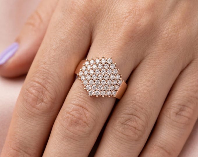 10K 14K 18K Gold & Silver Lab Grown Diamond Cluster Ring for Women, Round Cluster Wide Band Ring, Bold Statement Jewelry Gift