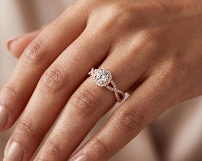 Halo Engagement Ring, Round Cut Center Stone, Pave Band Rose Gold Ring, Bridal Jewelry, Proposal Gift for Her, Minimal Elegant Design