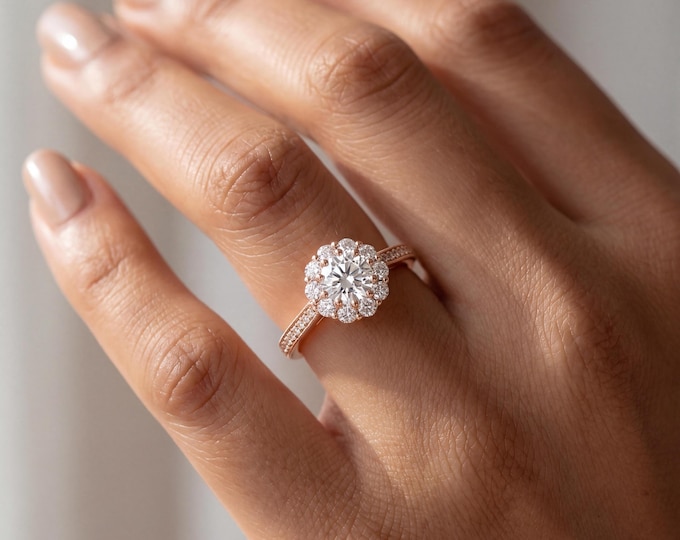 Cluster Engagement Ring Round Cut, Floral Halo Style, Milgrain Band Rose Gold, Vintage Inspired Bridal Jewelry, Gift for Her Elegant Design