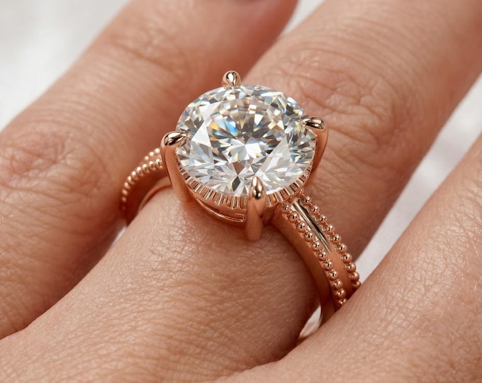 Round Diamond Engagement Ring, Solitaire Ring Rose Gold, Lab Grown Diamond Ring, Beaded Band Ring, Vintage Style Ring for Women
