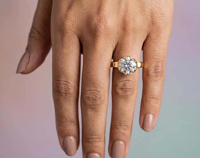 Floral Prong Lab Grown Diamond Ring 18K Gold, Round Cut Solitaire Engagement Ring, Unique Vintage Style Ring for Women