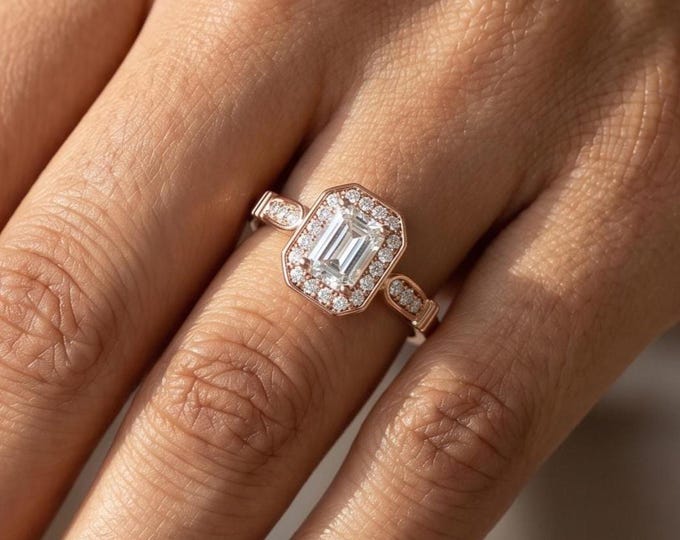 Emerald Cut Engagement Ring, Rose Gold Halo Diamond Ring, Vintage Bridal Ring, Art Deco Promise Jewelry Gift, purity ring, Goldring, Ringe