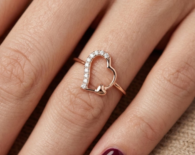 Open Heart Diamond Ring, Double Heart Ring, Dainty Gold Ring 14kt, Minimalist Heart Ring, Romantic Gift Ring, Promise Ring, Gift for Her