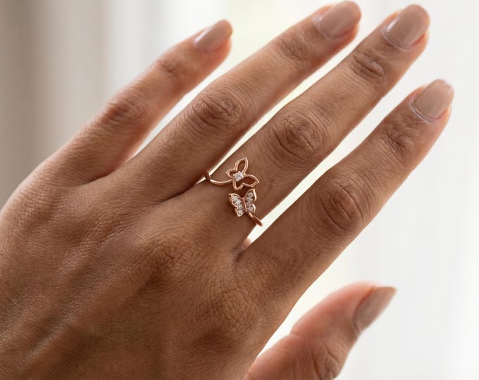 14K Rose Gold Lab Grown Diamond Butterfly Ring, Open Adjustable Floral Ring, Dainty Minimalist Ring, Cute Gift for Women