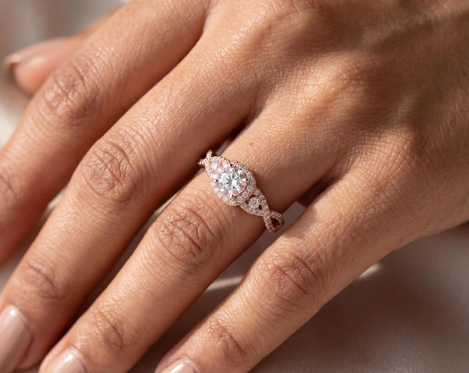 Halo Engagement Ring Vintage Style, Round Cut Center Stone with Side Stones, Pave Band Rose Gold, Bridal Jewelry Gift for Her Elegant