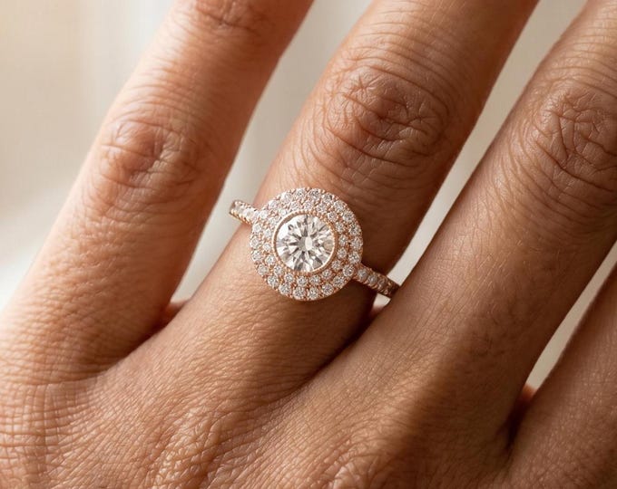Double Halo Engagement Ring, Round Cut Center, Rose Gold Pave Band, Luxury Bridal Jewelry, Dainty Statement Promise Ring, bezel set ring