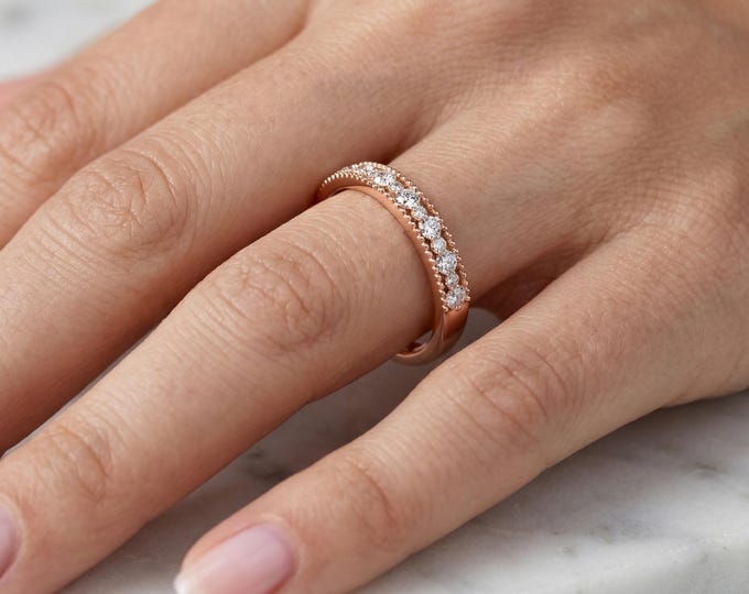 Curved Diamond Wedding Band, Contour Diamond Ring, Half Eternity Rose Gold Band, Stackable Wedding Ring, Matching Bridal Band