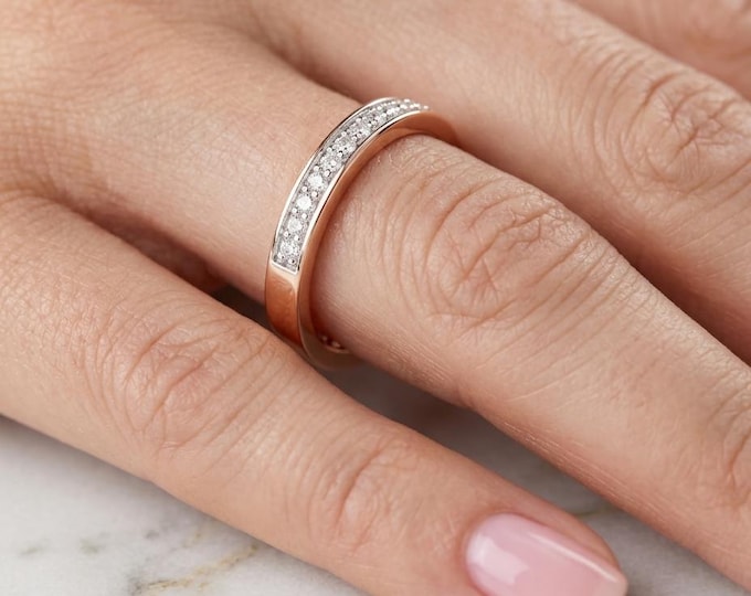 Diamond Wedding Band, Half Eternity Ring, Rose Gold Stackable Ring, Minimal Diamond Band, Anniversary Ring for Women