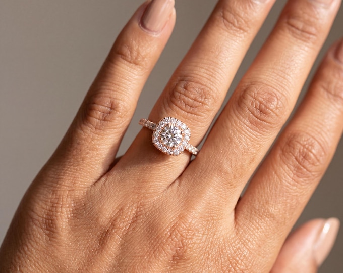 14K Rose Gold Halo Diamond Ring Pave Band Engagement Ring Round Cut Bridal Ring Minimalist Lab Grown Diamond Promise Gift Her