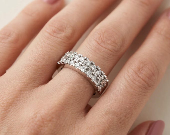 10K 14K 18K Gold & Silver Lab Grown Diamond Wide Band Ring for Women, Multi Row Diamond Ring, Statement Anniversary Gift Jewelry