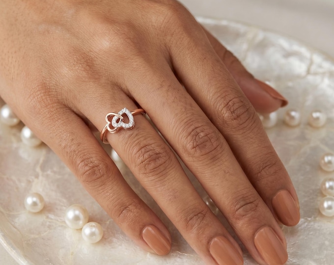 14K Rose Gold Initial Heart Ring with Lab Grown Diamonds, Personalized Double Letter Ring, Dainty Name Jewelry Gift for Her
