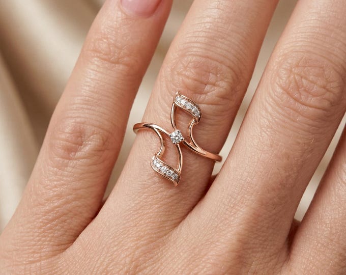 Twist Diamond Ring, 18kt Gold Ring, Minimalist Diamond Ring, Open Wrap Ring, Dainty Gold Ring, Promise Ring, Gift for Wife, wedding gift.