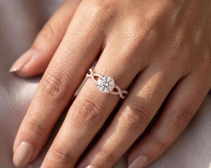 Twisted Engagement Ring Round Cut, Crossover Pave Band Rose Gold, Elegant Bridal Jewelry, Unique Proposal Gift for Her, Modern Style