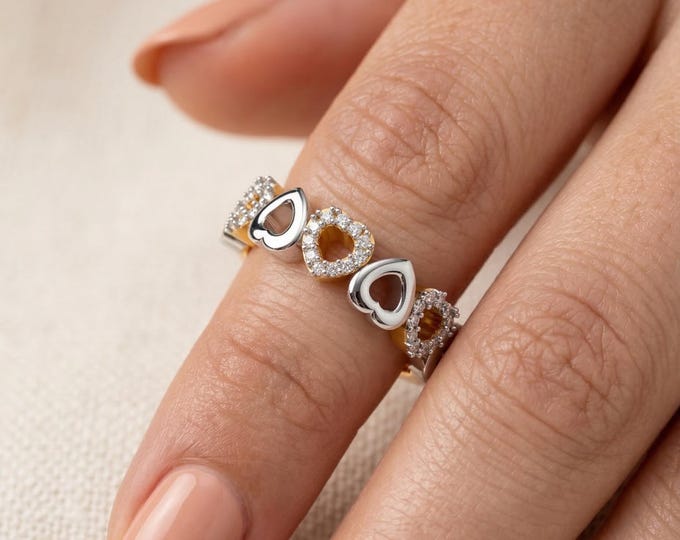 18K Gold Lab Grown Diamond Heart Ring, Two Tone Love Band, Cluster Diamond Statement Ring, Romantic Gift for Her, Engagement Womens Rings