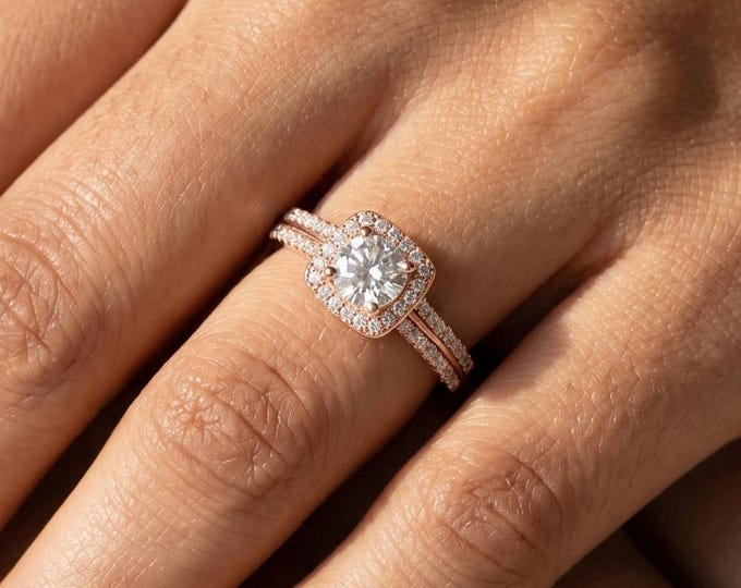 Cushion Halo Engagement Ring, Split Shank Pave Band, Round Cut Lab Grown Diamond Rose Gold Bridal Jewelry, Vintage Inspired Promise Ring
