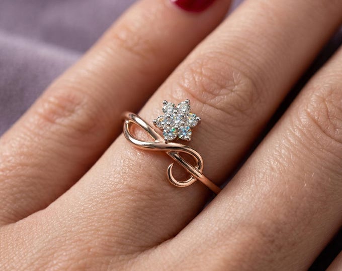 Infinity Flower Ring, Floral Diamond Ring, Infinity Love Ring, Dainty Gold, Promise Ring for Her, Minimalist Flower, Gift for Girlfriend