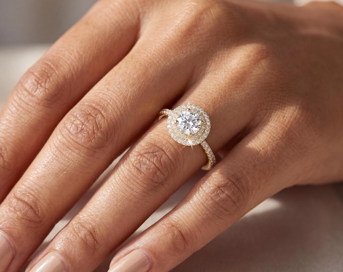 Halo Engagement Jewelry Ring, Round Cut Center Stone, Double Halo Setting, Pave Band Rose Gold Bridal Gift for Her Proposal, chevron ring