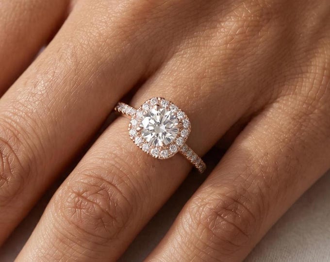Cushion Halo Engagement Ring, Round Cut Center, Rose Gold Pave Band, Vintage Style Bridal Jewelry, Dainty Promise Ring, Unique Promise Gift