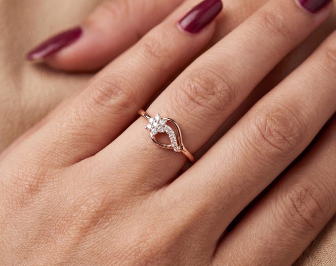 14K Rose Gold Lab Grown Diamond Infinity Ring, Floral Diamond Ring, Dainty Minimalist Promise Ring, Elegant Gift for Women