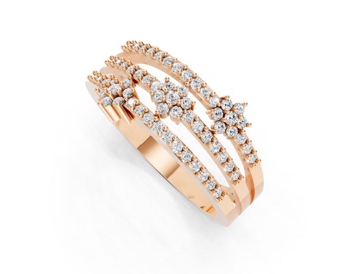Lab Grown Diamond Floral Cluster Ring – 14K/18K Gold Multi Row Statement Ring