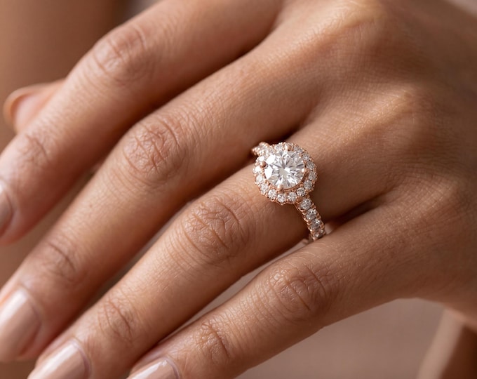 Halo Engagement Ring Round Cut, Pave Band Rose Gold, Vintage Inspired Bridal Jewelry, Elegant Proposal Gift for Her, Delicate Style