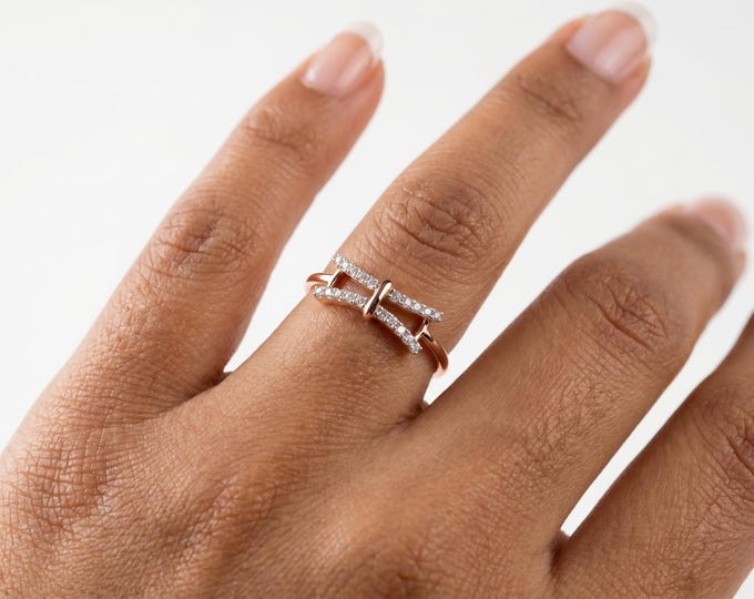 10K 14K 18K Gold Silver Lab Grown Diamond Double Band Ring for Women, Open Bridge Ring, Minimalist Stackable Jewelry Gift