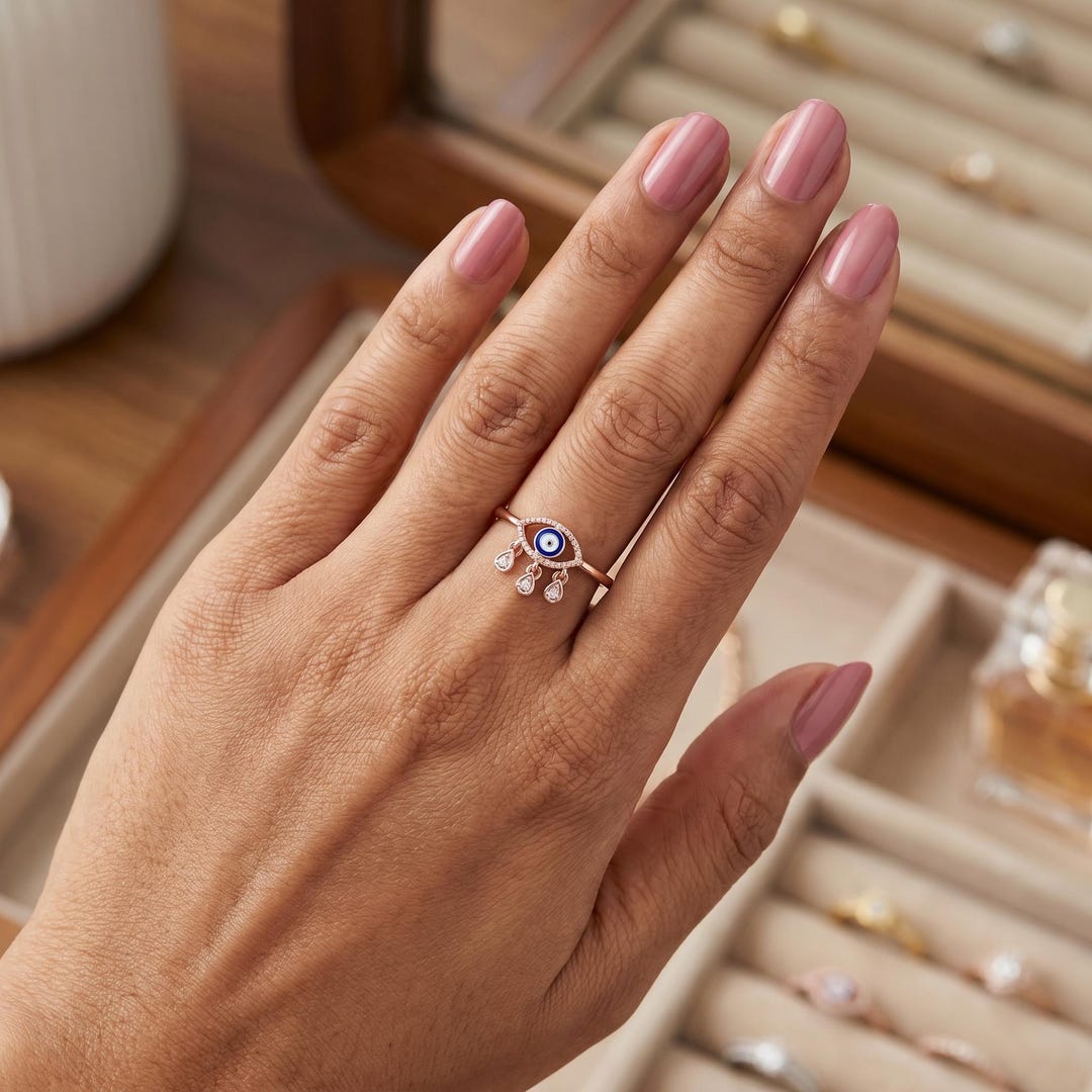 Protection Diamond Rings 14K Rose Gold Evil Eye Ring With Lab Grown Diamonds, Blue Enamel Nazar ...