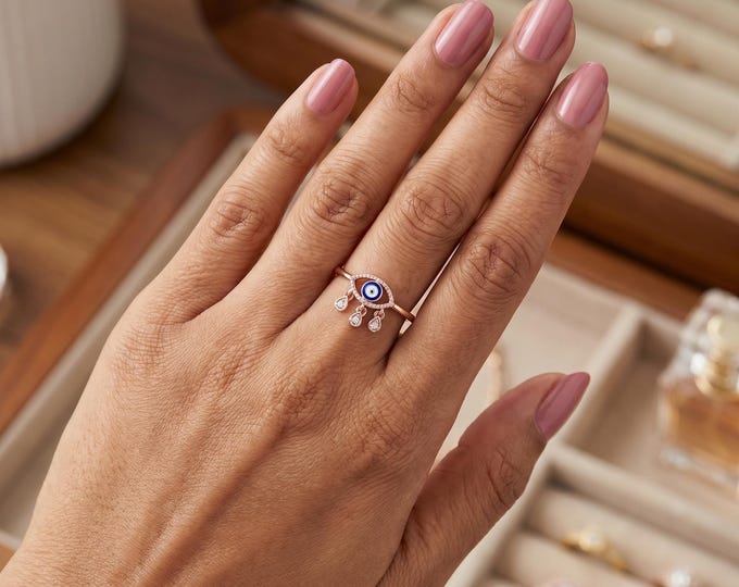 14K Rose Gold Evil Eye Ring with Lab Grown Diamonds, Blue Enamel Nazar Ring, Dainty Dangle Charm Ring, Protection Jewelry Gift
